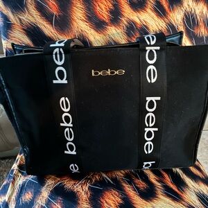 Bebe Large Logo Tote Bag Black Canvas Gold Logo Zip Top Shoulder Handbag